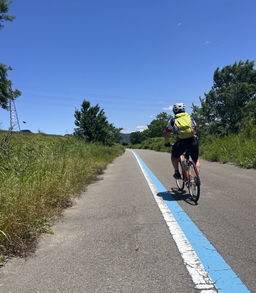 Cyclist riding along bike pathway marked with blue line in rural Japan with clear blue sky.