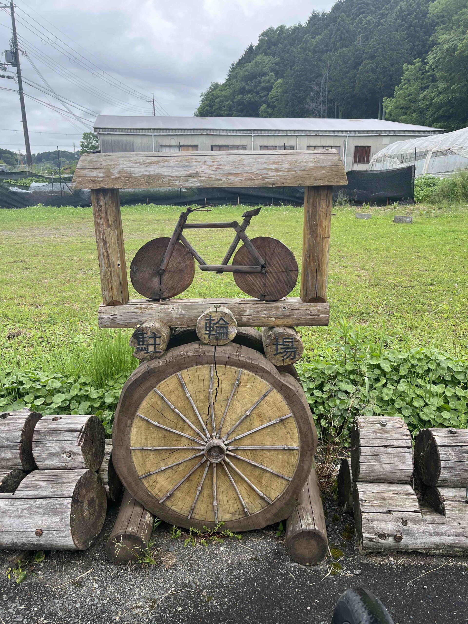 Wooden cycling wheel carved with a smaller wooden bicycle on top.