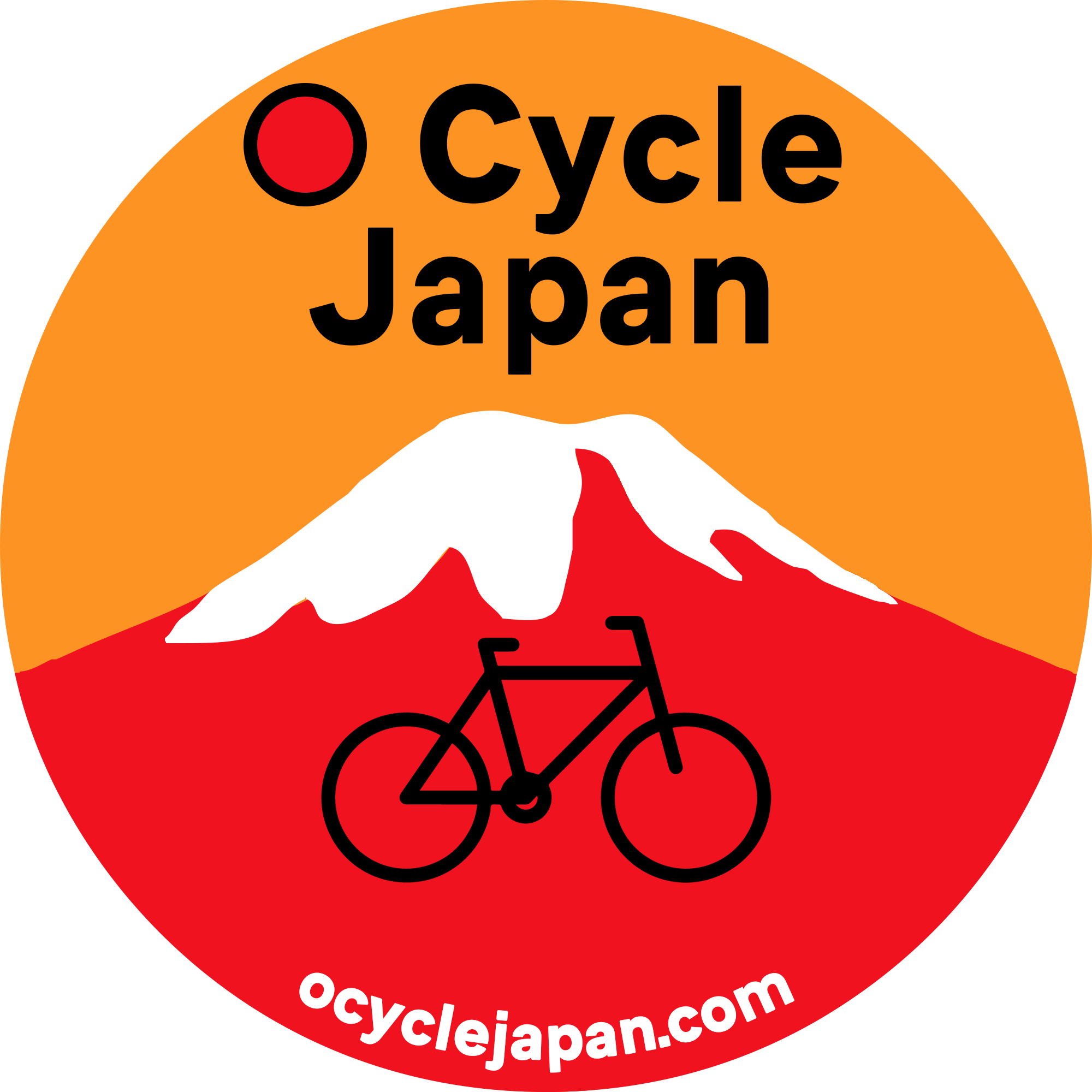O Cycle Japan circular logo with orange background, red mountain with white cap and outline of a bicycle in the front with the name. Includes website address at the bottom of the circular logo.