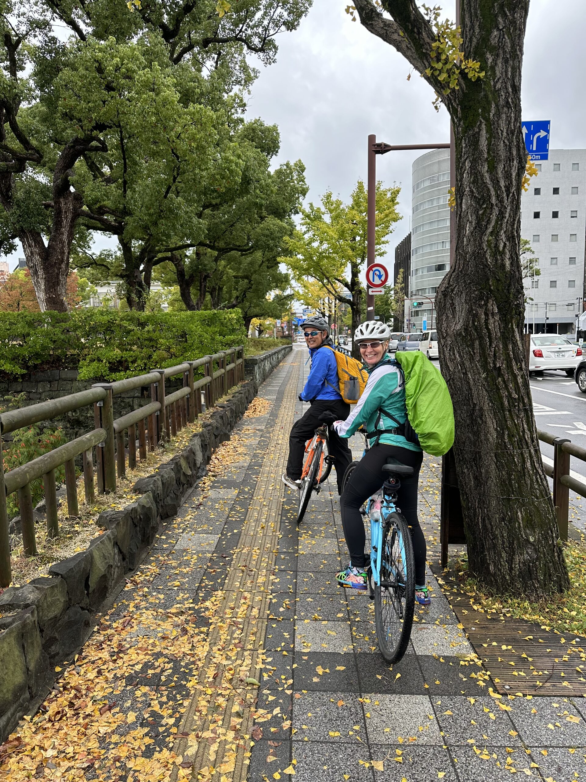 A couple looks back to the camera riding contrasting bicycles with vibrant fall leaves on the ground of a Japanese sidewalk on a overcast day in Wakayama Japan.