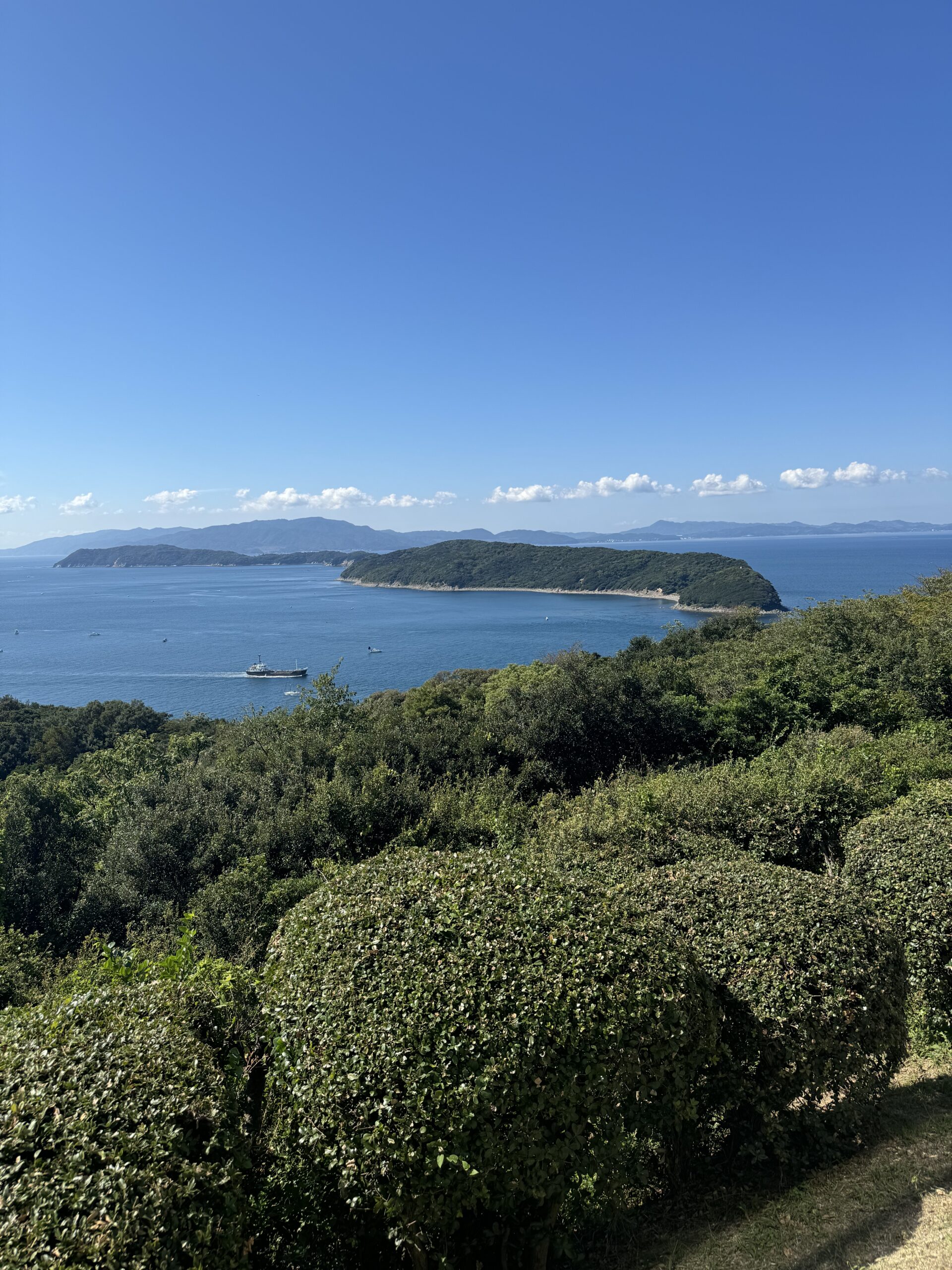 View of Biwa Lake from hilltop. Blue sky day with lush green trees and bright blue Lake Biwa below.