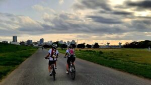 Riding into the sunset on the way to Osaka city.