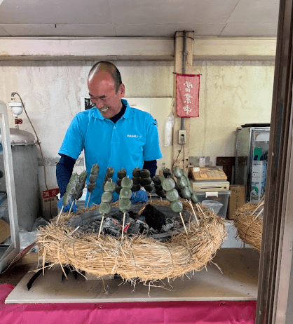 Mochi roasted over hot coals in the mountainside of Japan.